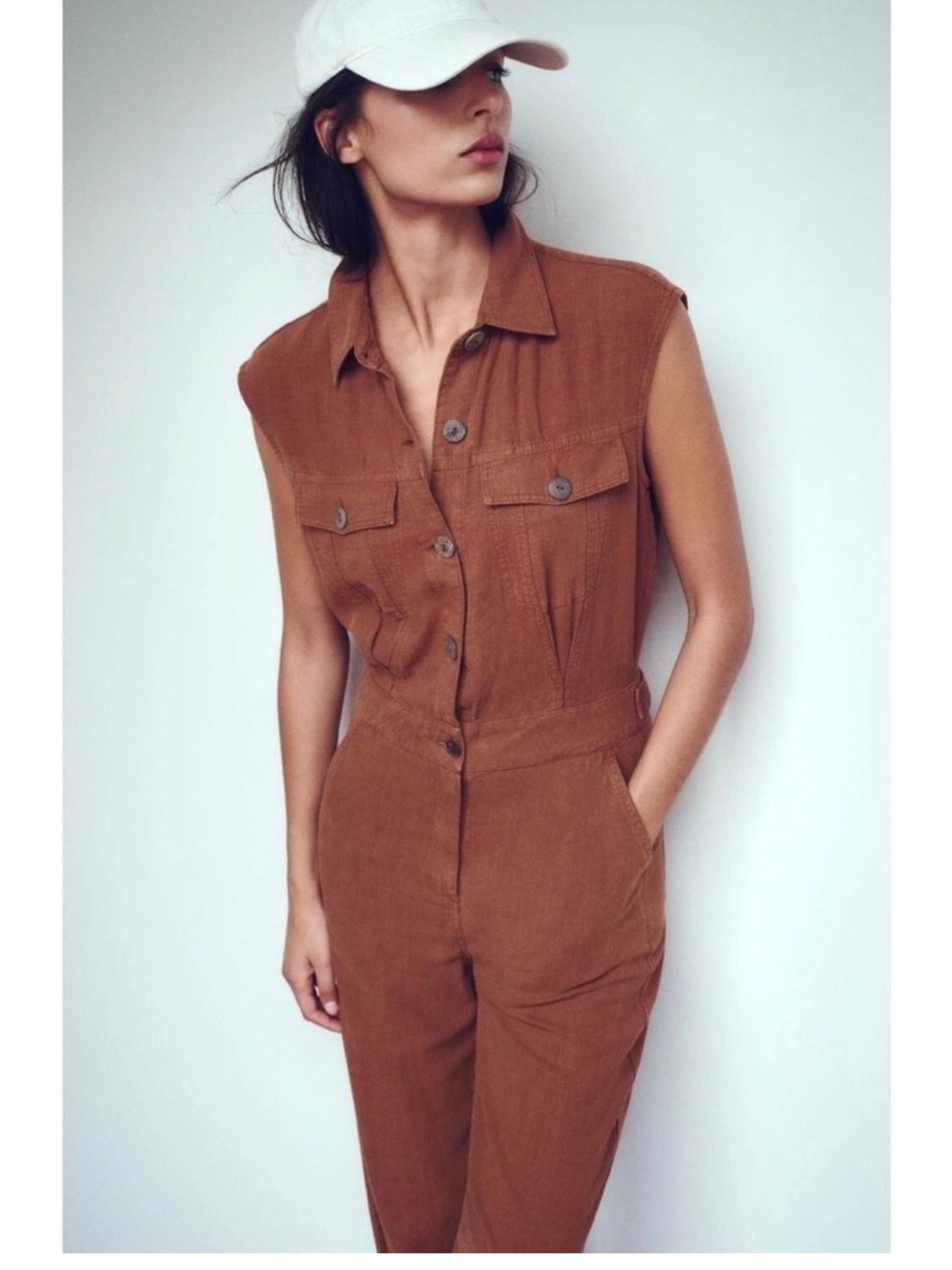 Zara Sleeveless Utility Jumpsuit L Rust Brown Collared Button Front Pocket